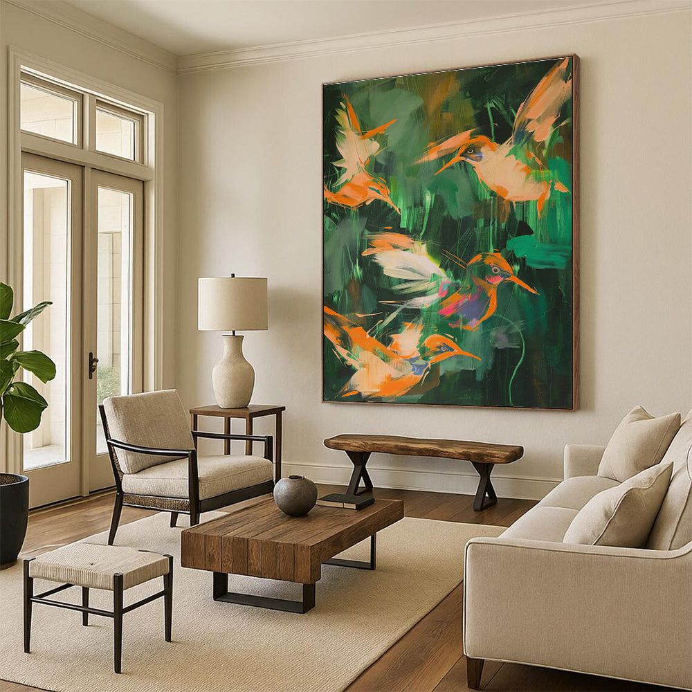 Orange Birds in Jungle Abstract Art for Tropical Resort & Nature - Lover’s Bedroom DLZ0681