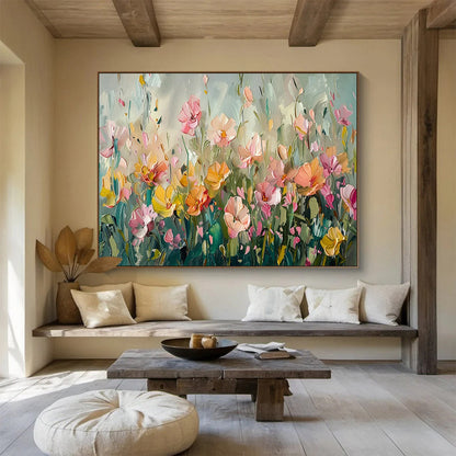 Soft - Toned Flower Field Oil Painting for Serene Bedroom Retreats DLZ3093