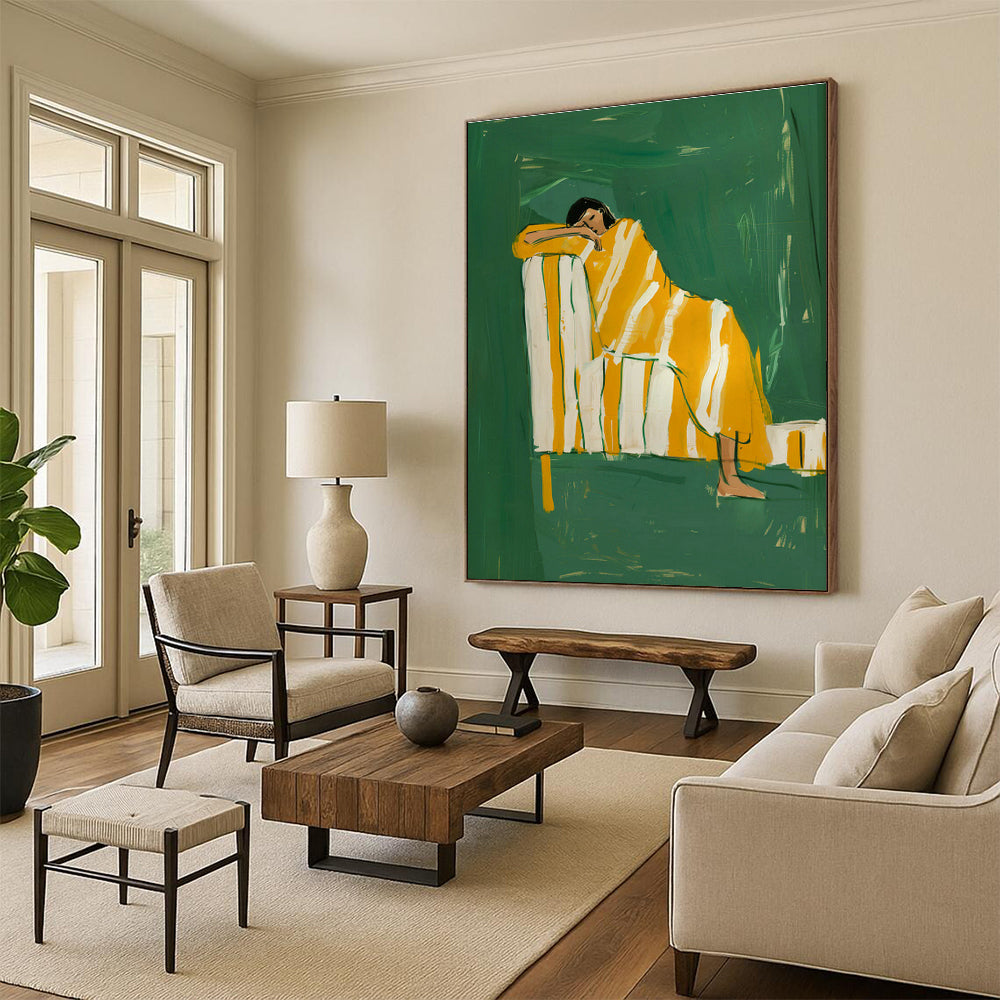 Figure in Yellow Blanket on Green Background Art for Art Deco Home & Creative Studio DLZ0689