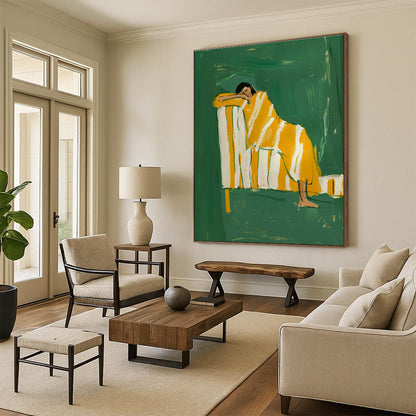 Figure in Yellow Blanket on Green Background Art for Art Deco Home & Creative Studio DLZ0689