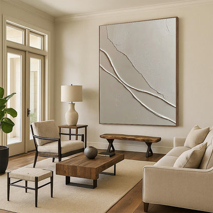 Minimalist White Lines on Beige for Scandinavian - Style Living Room & Contemporary Art Gallery STSC941