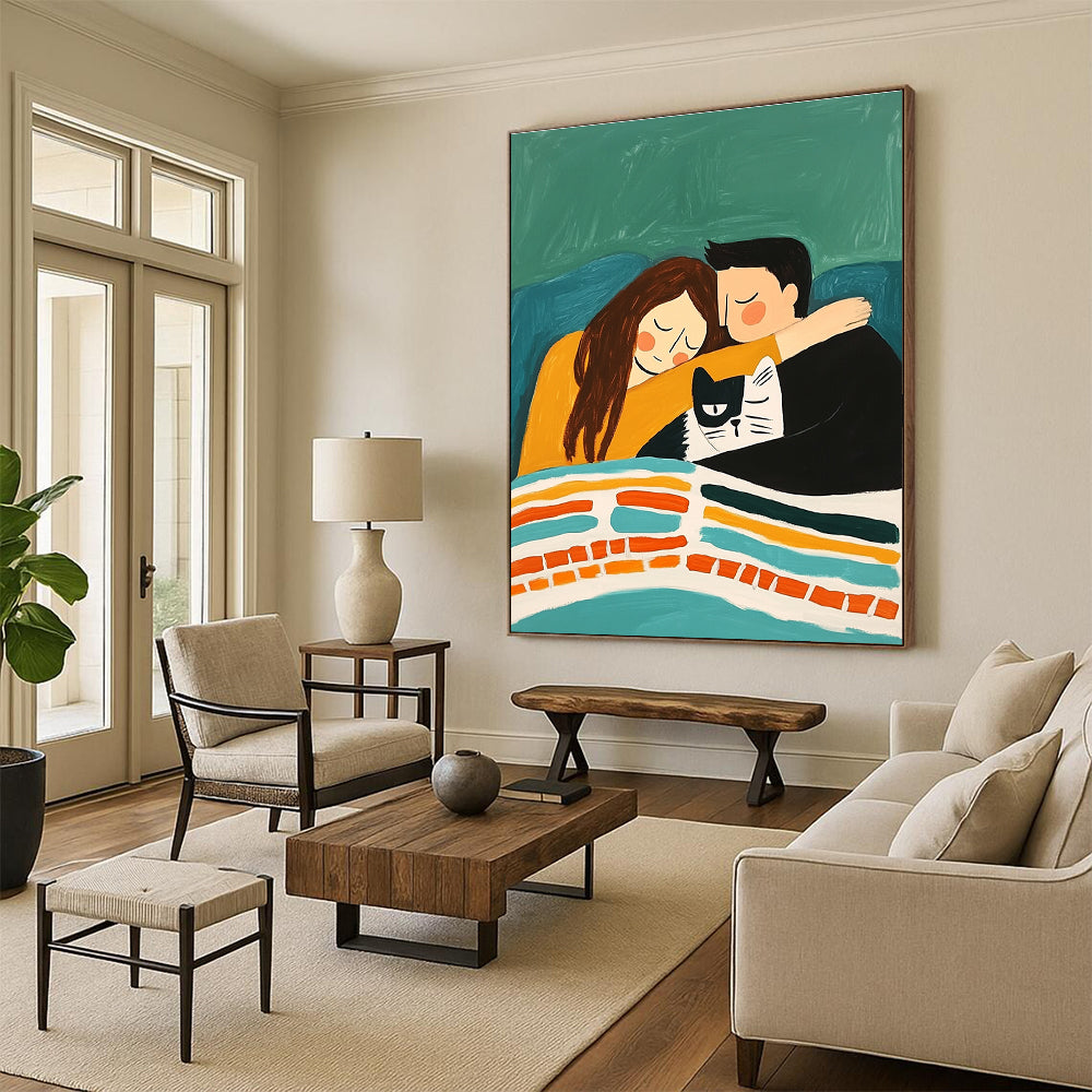 Cozy Couple and Cat for Family - Oriented Living Room & Pet - Lover’s Café STSC974
