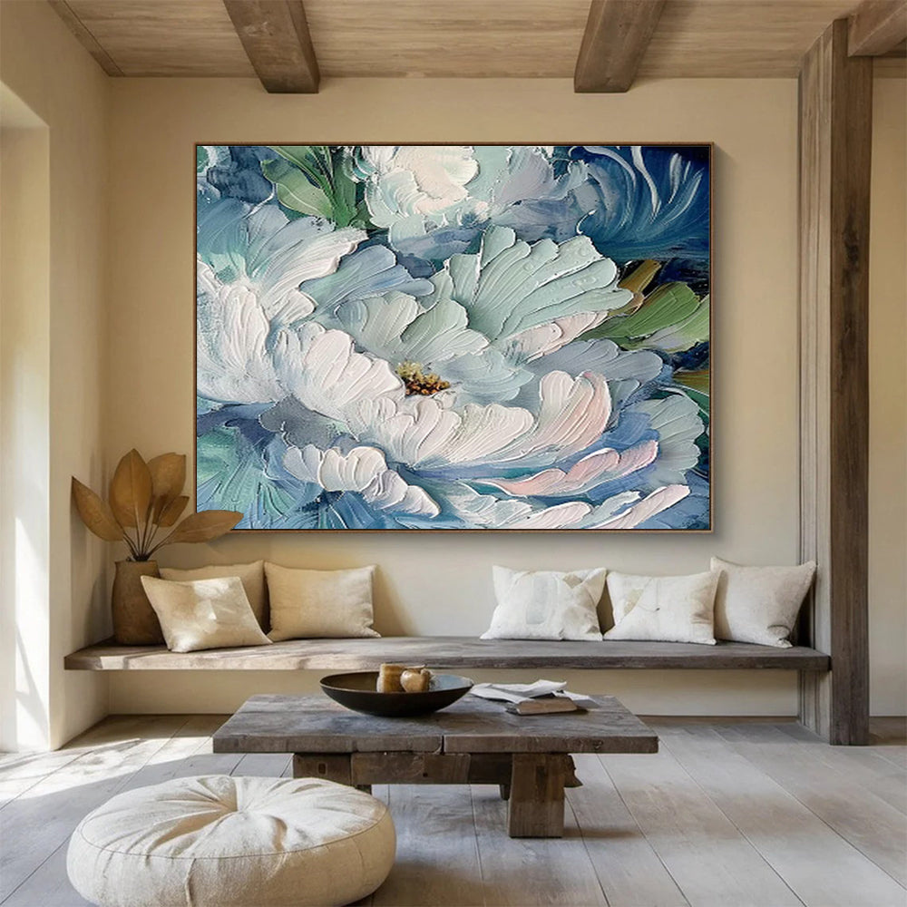 Impasto Blue - White Peony Art for Sophisticated Entryway DLZ3059