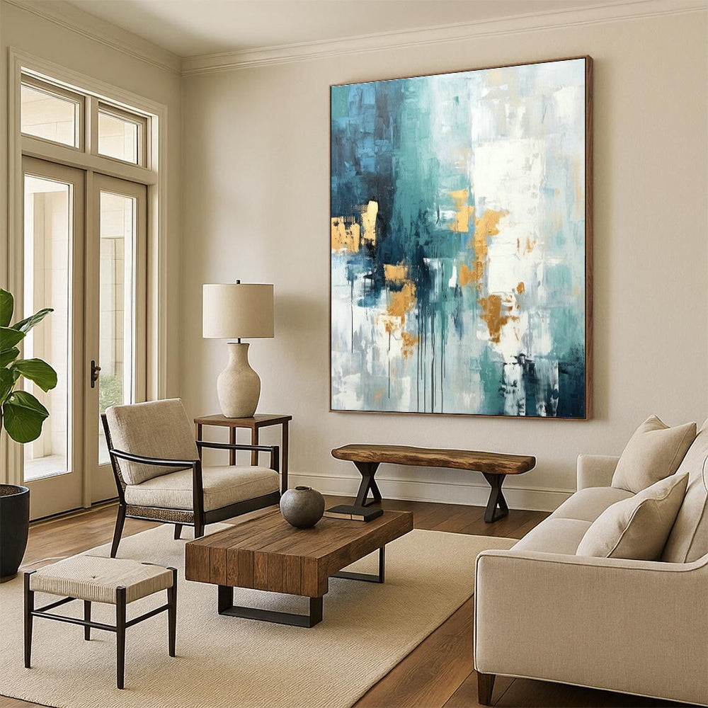 Blue - Gold Abstract Art for Coastal Luxury Home & High - End Art Lounge DLZ1936