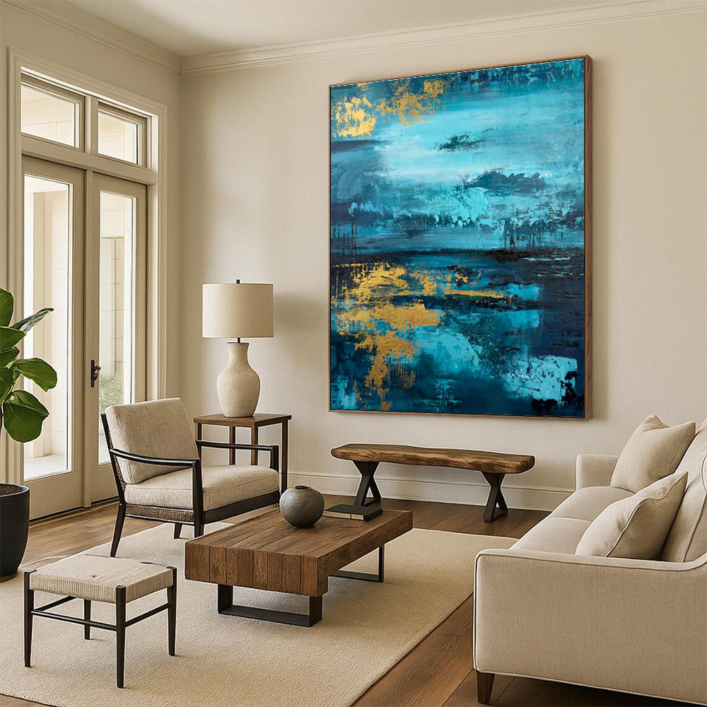 Blue and Gold Waterscape Art for Luxury Living Room & Elegant Hotel Lobby DLZ0740