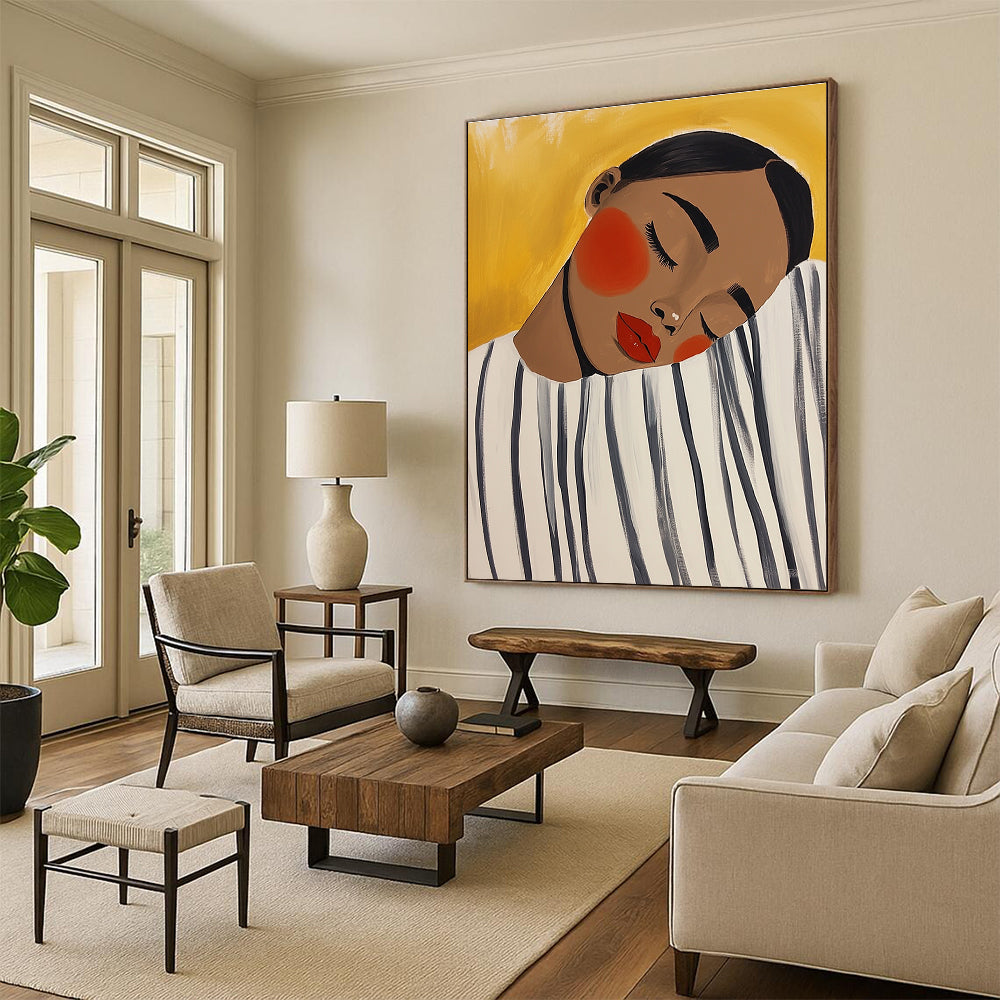 Sleeping Woman with Yellow Background for Minimalist Bedroom & Calming Meditation Room STSC536