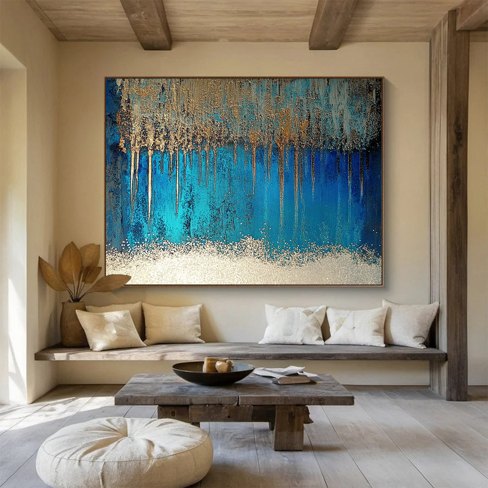 Blue and Gold Drip Art for Luxury Bathroom & Upscale Hotel Lobby SC346