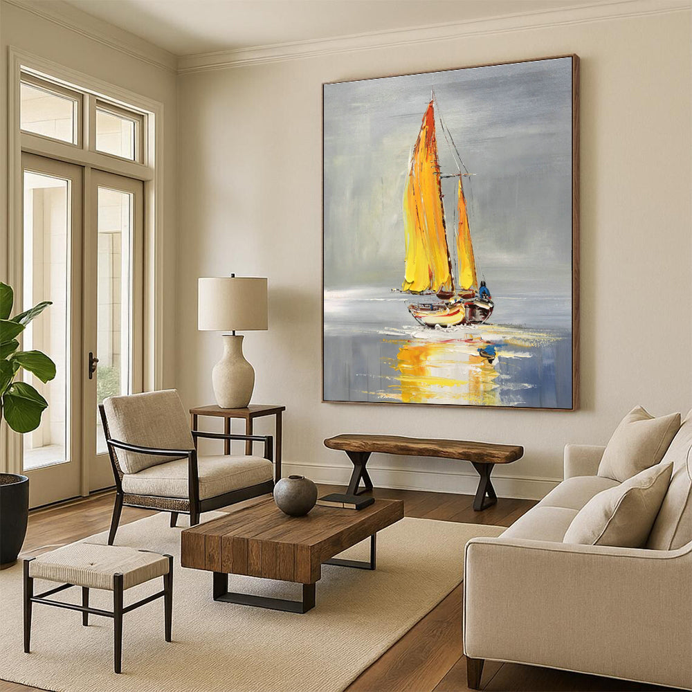 Yellow - Sailed Boat Oil Painting for Lakeside Café & Bright Coastal Kitchen DLZ0855