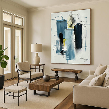 Blue, Black & White Abstract Art for Nautical - Themed Home Office & Minimalist Art Gallery DLZ0827