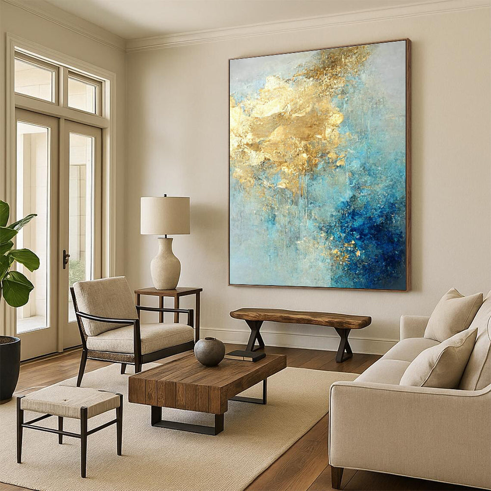 Gold - Blue Abstract Art for Luxury Beachfront Resort & Upscale Art Lounge DLZ1922