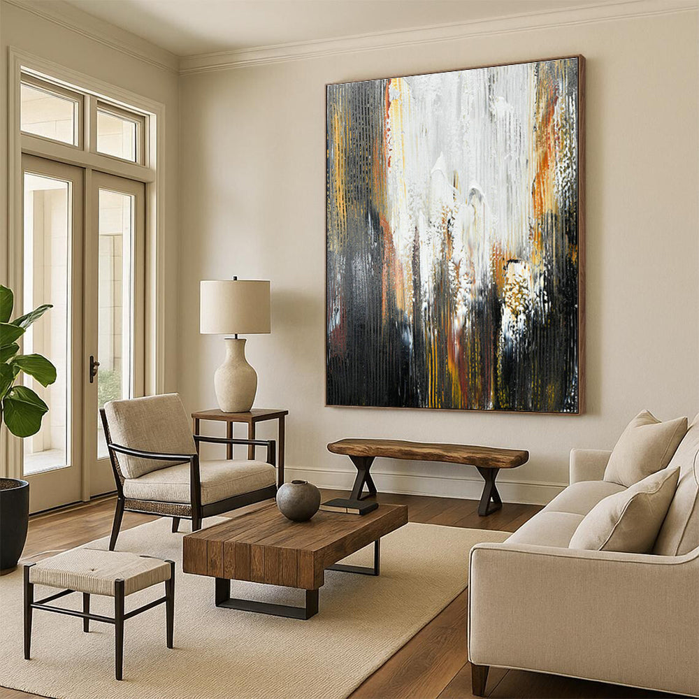Black - White - Gold Waterfall - Inspired Abstract Art for Bedroom & Spa Resort DLZ1236