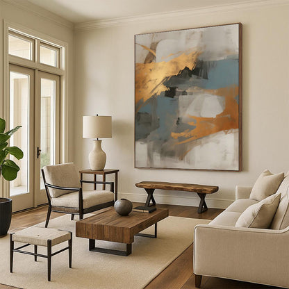 Gold - Blue - Gray Abstract Art for Coastal Home Beach House & Corporate Meeting Room DLZ1733