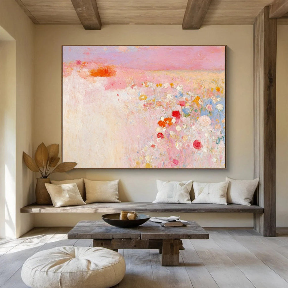 Pink Flower Field Abstract Art for Romantic Wedding Venue & Feminine Bedroom SC350
