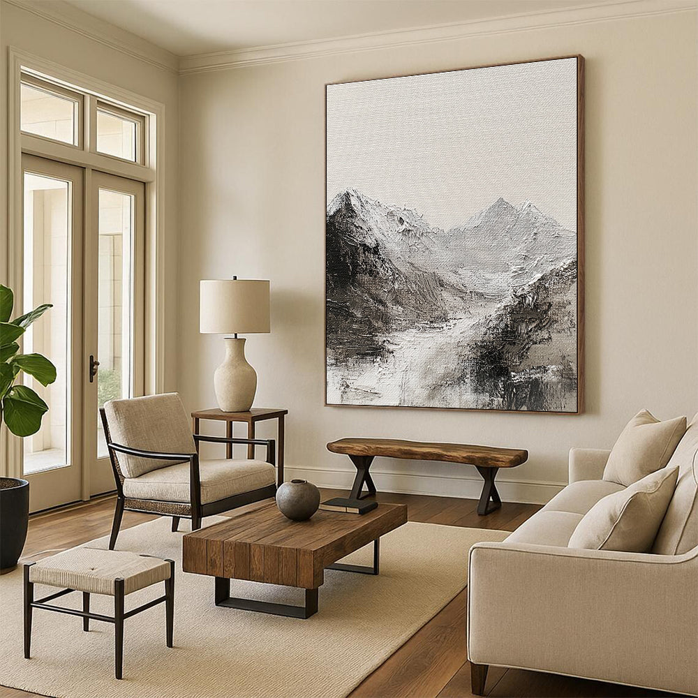 Monochromatic Mountain Landscape for Rustic Cabin & Black - and - White Themed Study STSC642