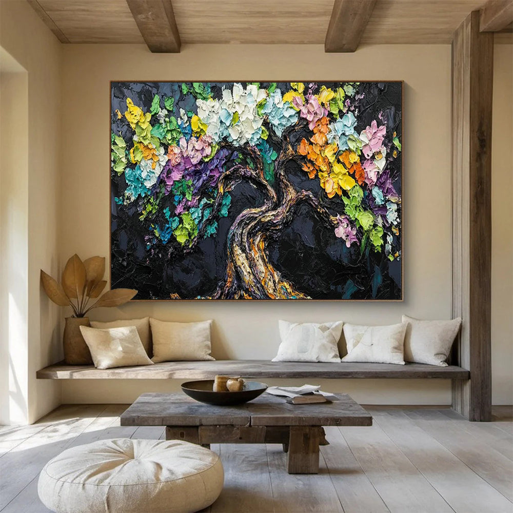 Colorful Tree Black Background Art for Eclectic Home Library Accent Walls DLZ3209