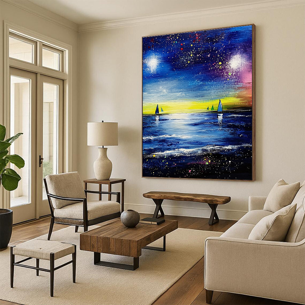 Starry Night Sea with Sailboats for Nautical - Themed Living Room & Cozy Beach Cottage STSC526