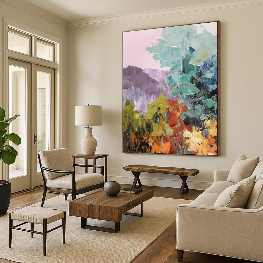 Pink - Purple Landscape Oil Painting for Bohemian Bedroom & Floral Tea Room DLZ1285