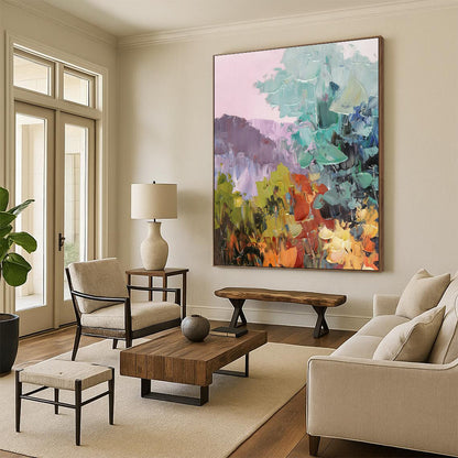 Pink - Purple Landscape Oil Painting for Bohemian Bedroom & Floral Tea Room DLZ1285