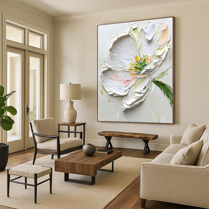 Thick - Textured White Flower Impasto Floral Art for Contemporary Art Gallery & Creative Home Studio STSC1482