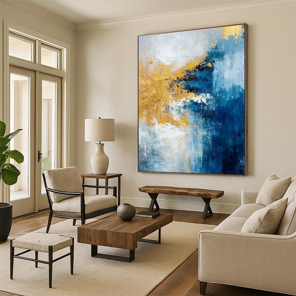 Blue - Gold Abstract Art for Beachfront Condo & Art - Lovers’ Living Room DLZ1906