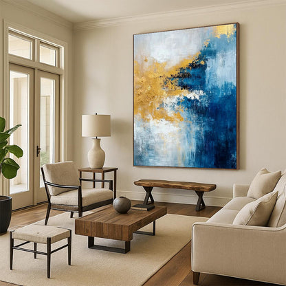 Blue - Gold Abstract Art for Beachfront Condo & Art - Lovers’ Living Room DLZ1906