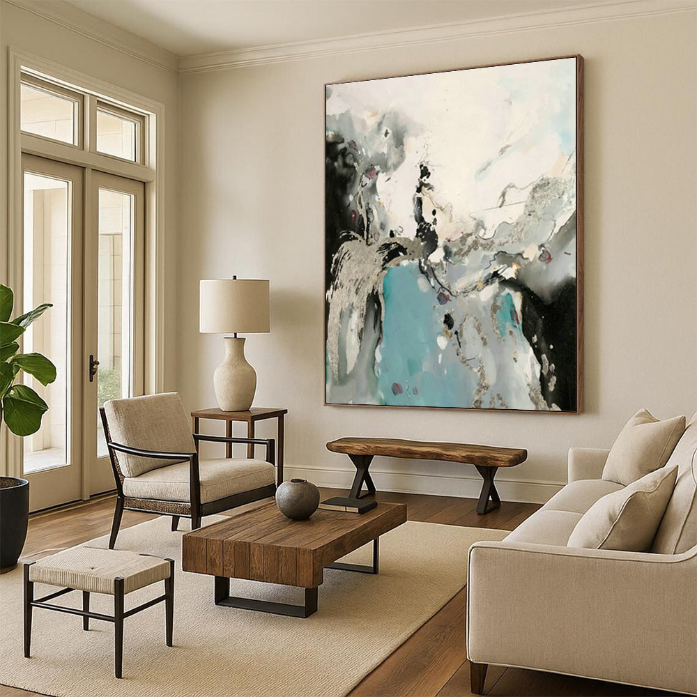 Silver - Blue Ink Abstract Art for Living Room & Home Office DLZ0555