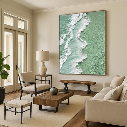 Green and White Textured Coastline Art for Beach House Decor & Eco - Friendly Art Space DLZ2205