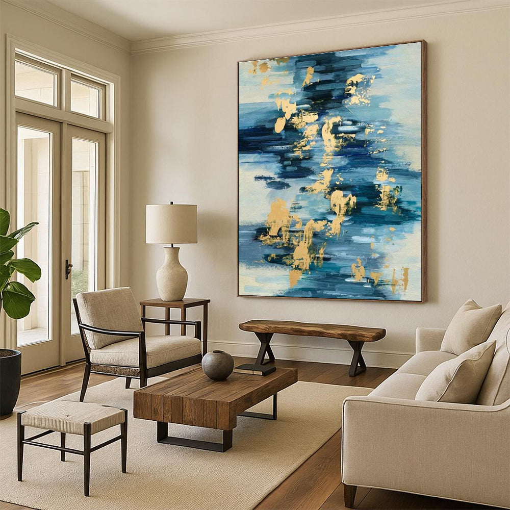 Gold - Blue Water Ripple Abstract for Beachfront Resort Lobby & Coastal Art Gallery DLZ0938