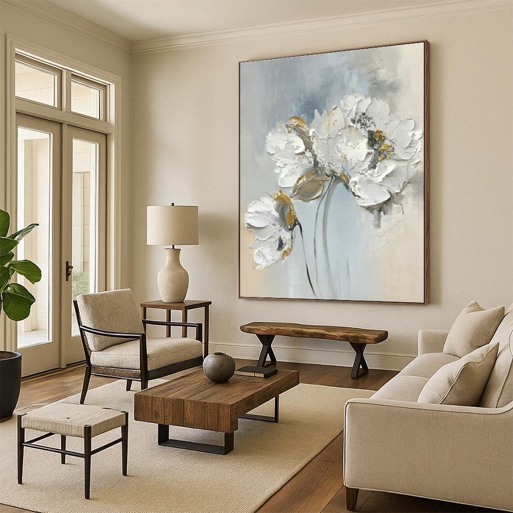 Gray - White Floral Oil Painting for Elegant Bedroom & High - End Boutique DLZ1588