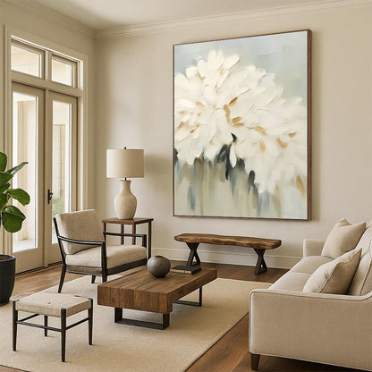 White Floral Textured Painting for Elegant Bedroom & Charming Café DLZ0861