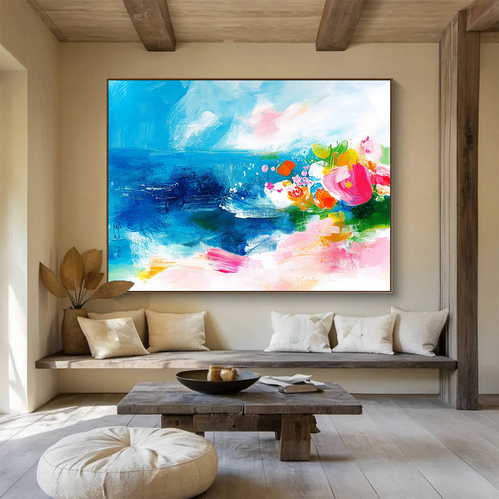 Blue Sea and Colorful Flowers Art for Bohemian Living Room & Garden - Themed Restaurant SC363
