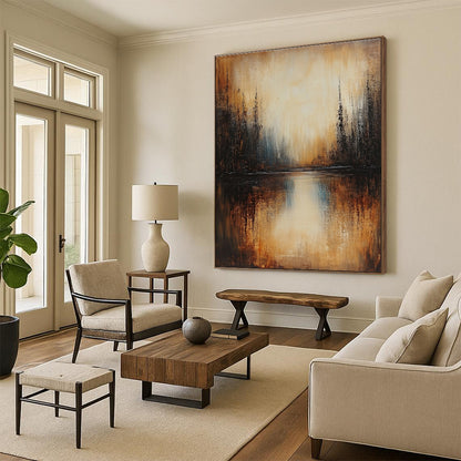 Warm - Toned Abstract Forest Lake for Cozy Cabin Living Room & Nature - Themed Art Gallery STSC168