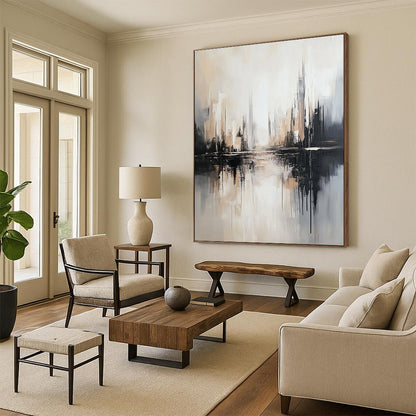 Monochromatic Cityscape Reflection Art for Modern Office Reception & Minimalist Home Library STSC1352