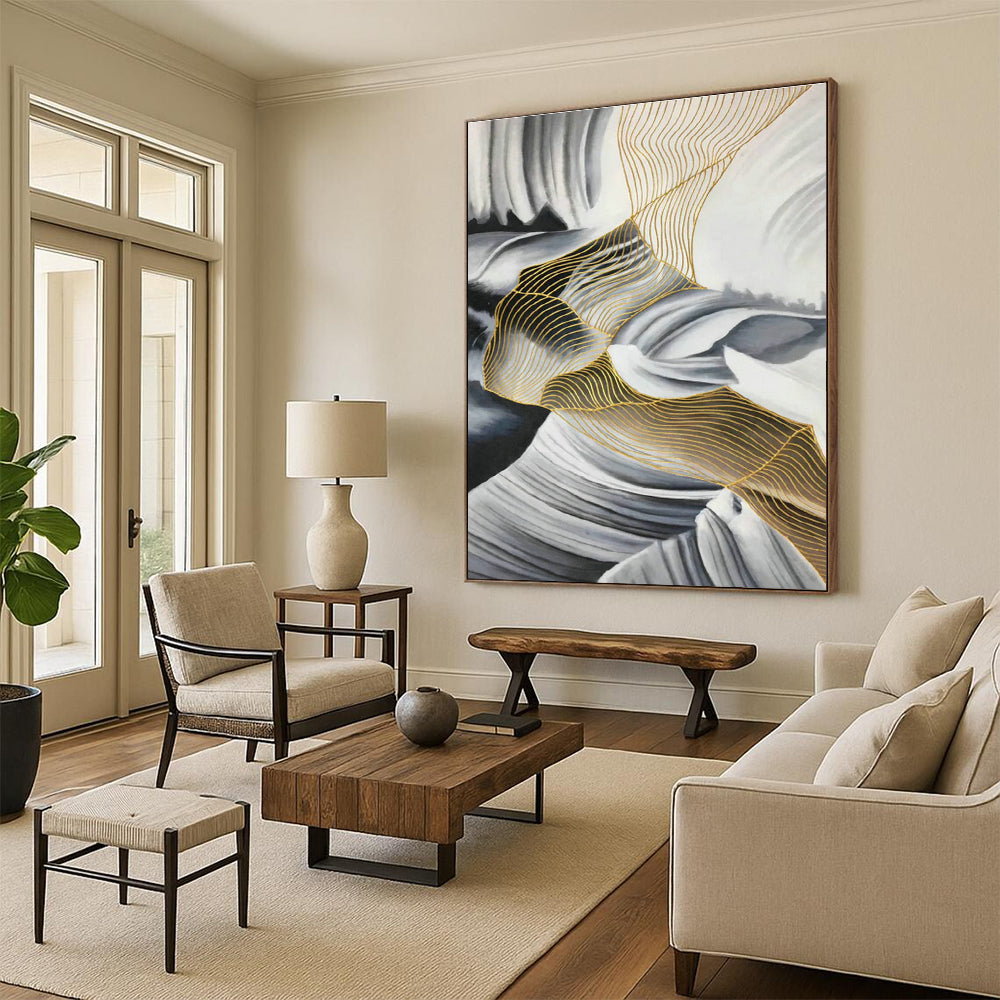Gold - Line Landscape Abstract Art for Living Room & Foyer DLZ0541