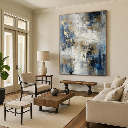 Blue - Gray - Gold Abstract Art for Modern Hotel Lobby & Luxury Home Office DLZ0853