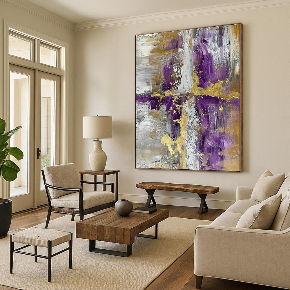Purple - Gold - Silver Abstract Art for Art Gallery Exhibition & Bohemian - Chic Home DLZ1731
