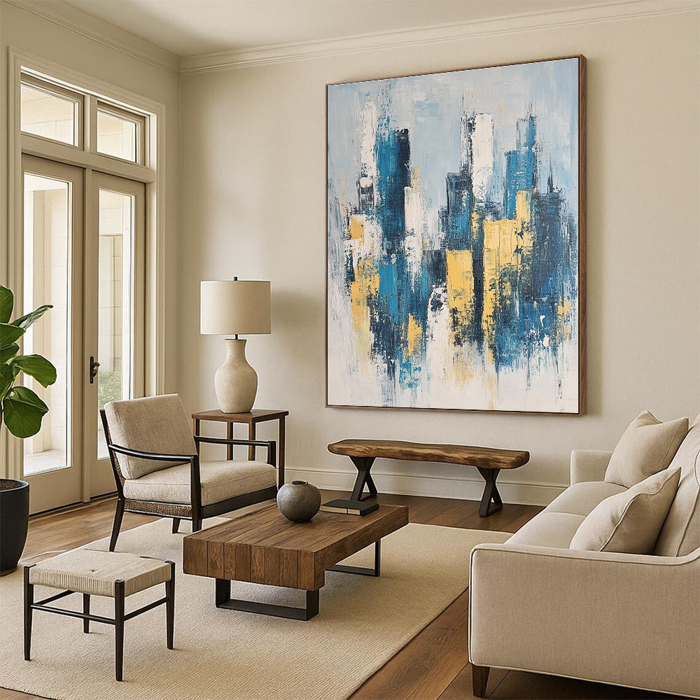 Blue and Gold Cityscape Art for Luxury Home Living Area & Art - Themed Corporate Lounge STSC1358