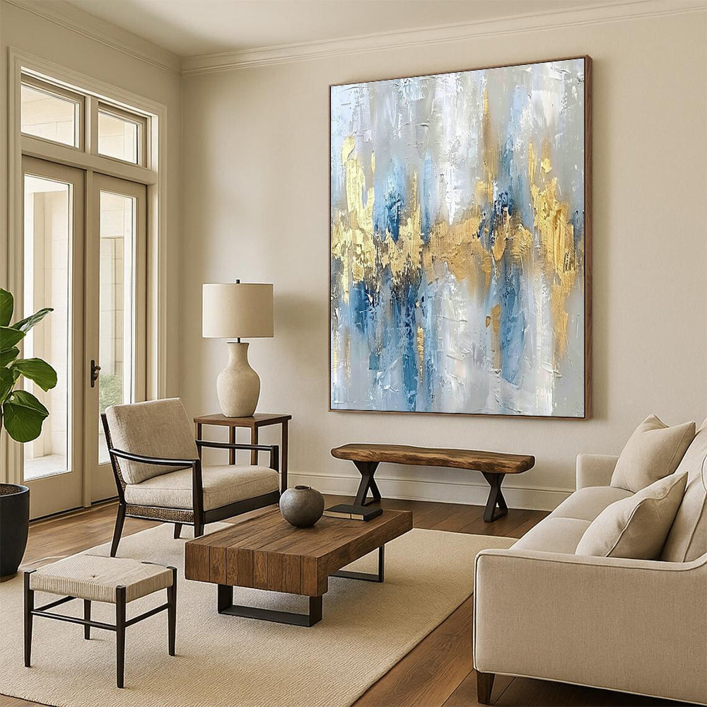 Gray - White - Blue - Gold Abstract Art for Mountain Chalet & Contemporary Hotel Suite DLZ1908