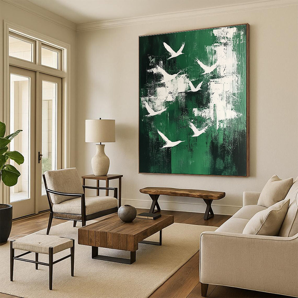 White Birds on Green with Patches for Bohemian - Style Home Office & Cozy Garden - View Nook STSC363