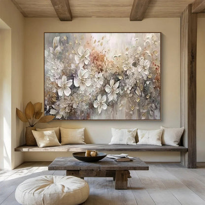 White - Gold Floral Oil Painting for Elegant Bedroom Wall Decor DLZ2643