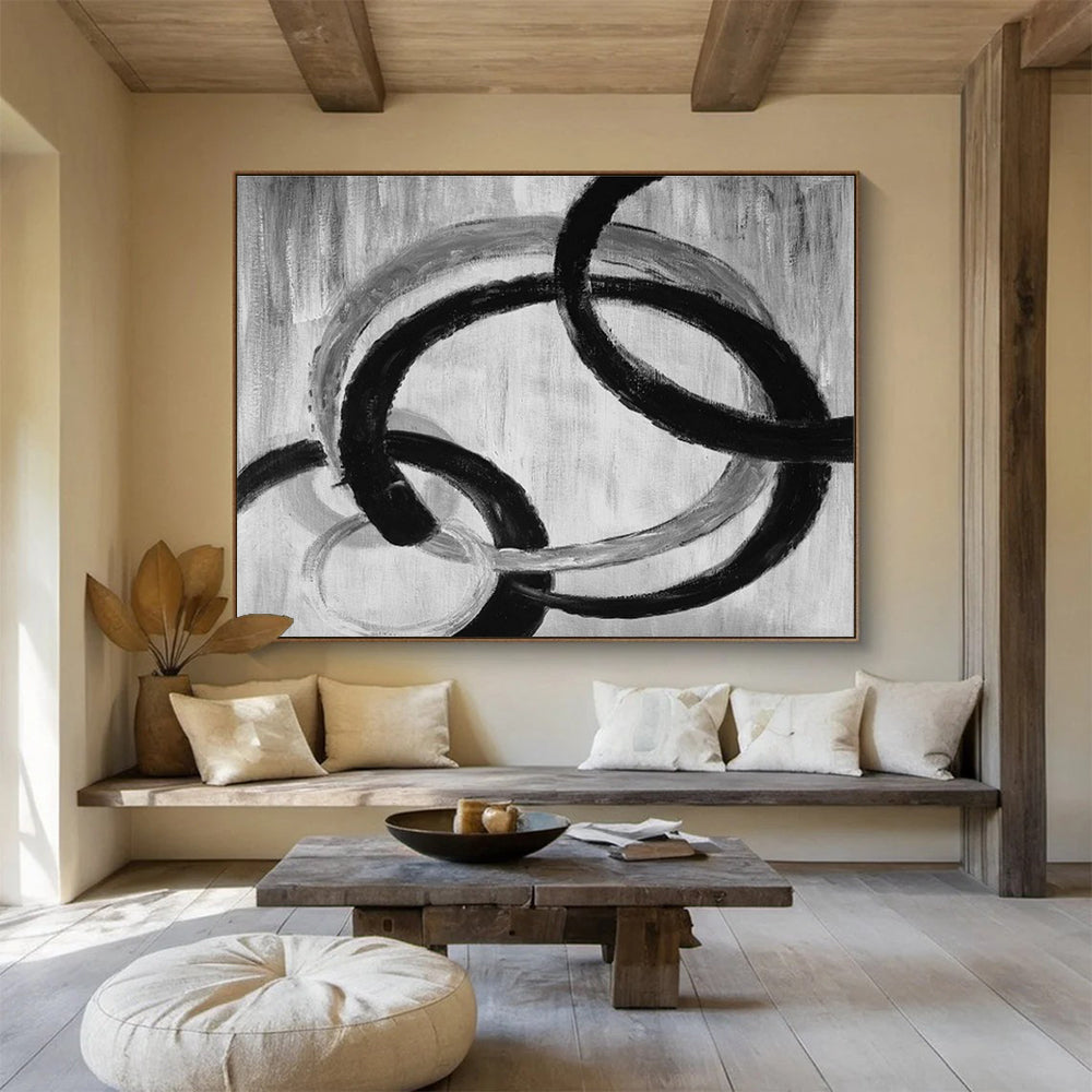 Black - White Circular Abstract Art for Minimalist Living Room Walls DLZ2559
