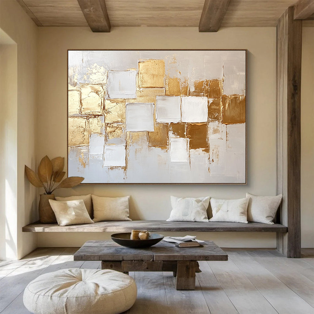 Gold and White Geometric Abstract Art for Luxury Hotel Suite & Upscale Art Gallery SC292