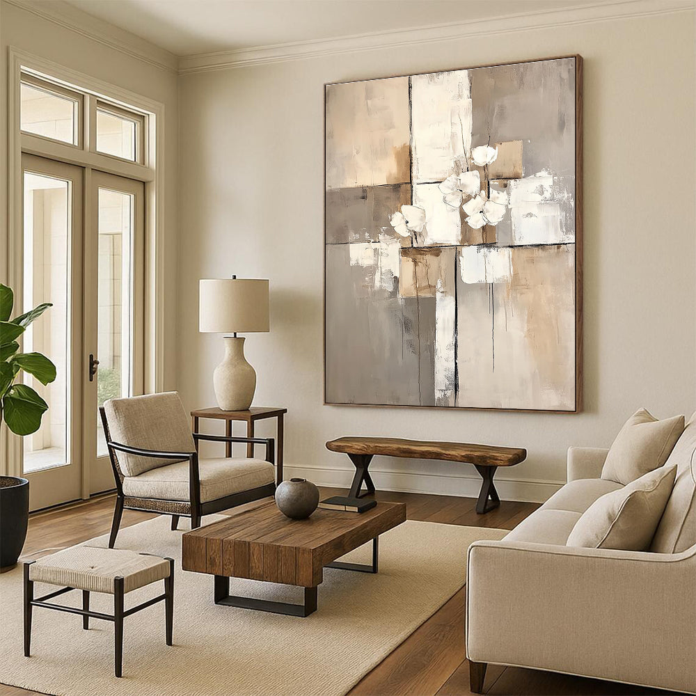 Abstract Flowers in Neutrals for Scandinavian - Style Bedroom & Sophisticated Home Library STSC431