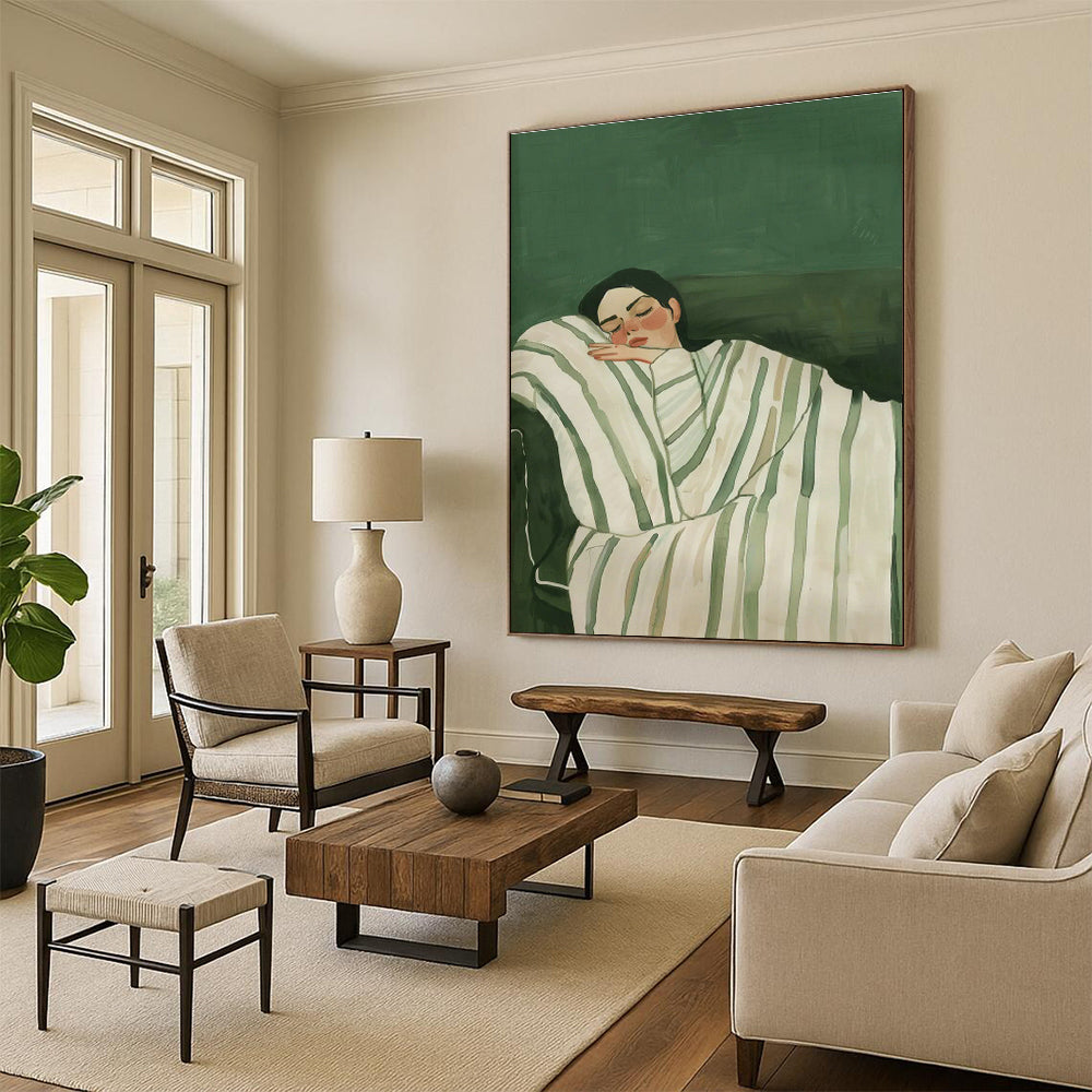 Sleeping Woman on Green Background Art for Feminine Bedroom & Self - Care Space DLZ0686