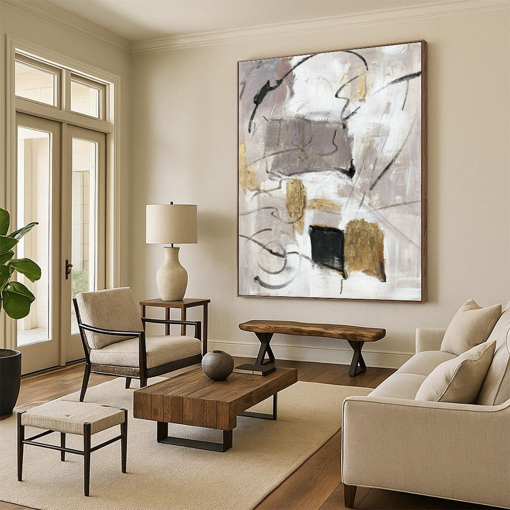 Gray - Gold Abstract Painting for Modern Minimalist Office & Luxury Hotel Suite DLZ1292