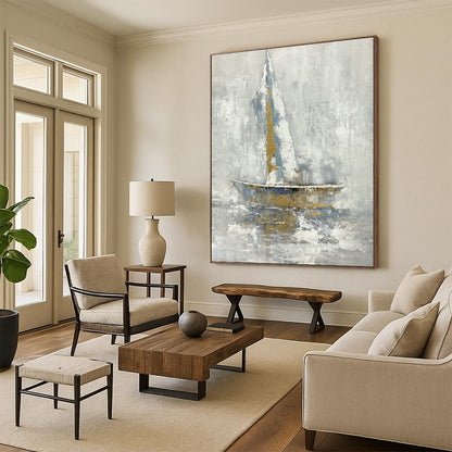 Gold - Silver - Grey Sailboat Art for Living Room & Study DLZ0470