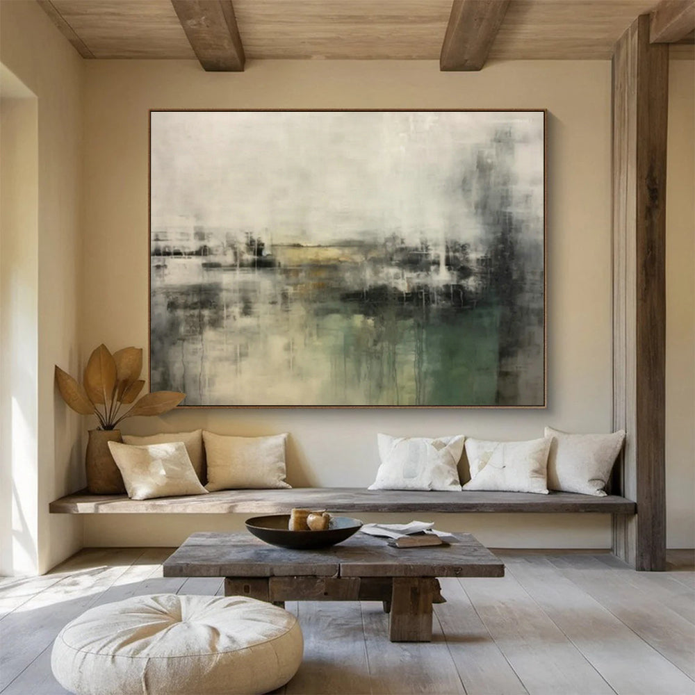 Textured Grey - Green Abstract Landscape Art for Serene Living Room Ambiance DLZ2703