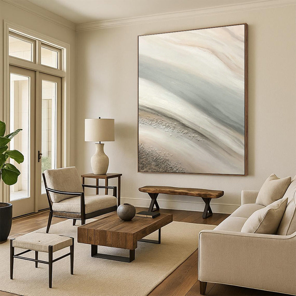 Beige - Gray - Silver Wave Abstract Art for Coastal Home & Boutique Café DLZ1222