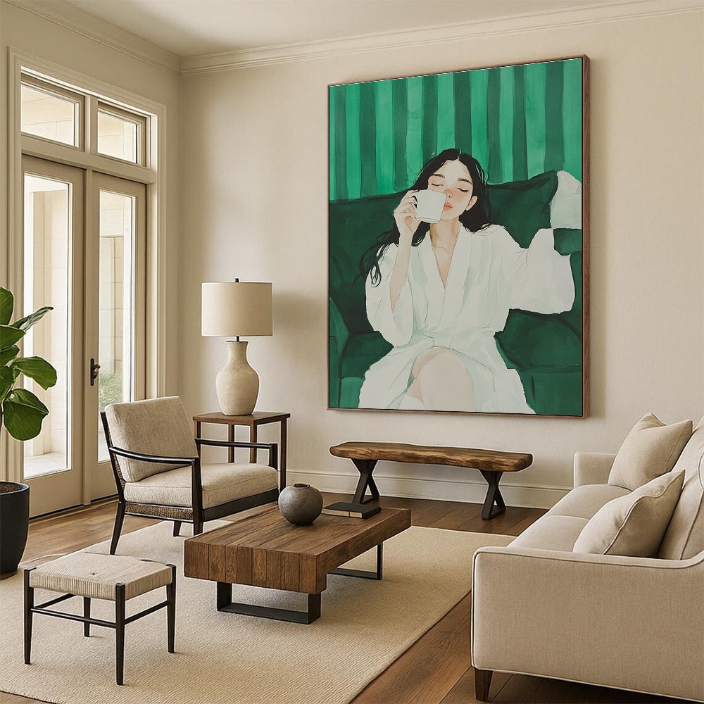 Woman in White Robe Drinking Coffee for Serene Home Library & Calming Spa Lounge STSC1002