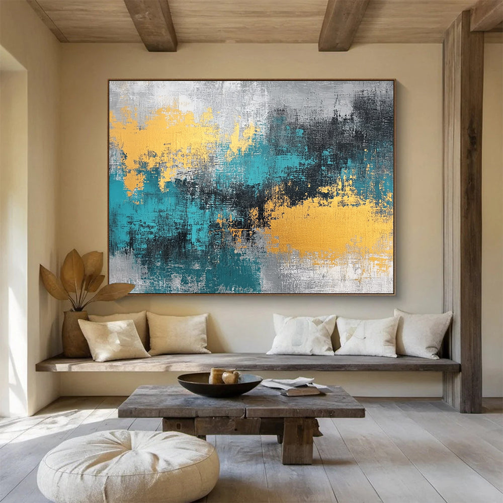 Gray - Teal - Gold Abstract Art for Modern Office Reception & Luxury Home Living Room SC260